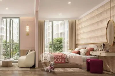 Luxurious bedroom with elegant decor and large windows offering a stunning view of the garden.