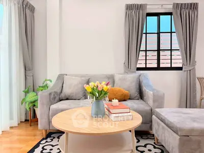 Charming living room with cozy gray sofa, stylish coffee table, and elegant decor.