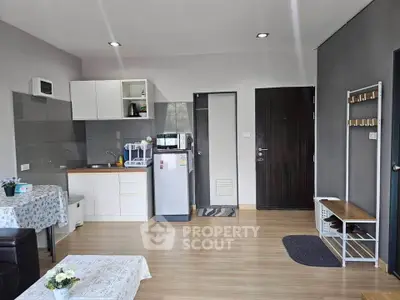 Modern open-layout living room with compact kitchen and stylish decor