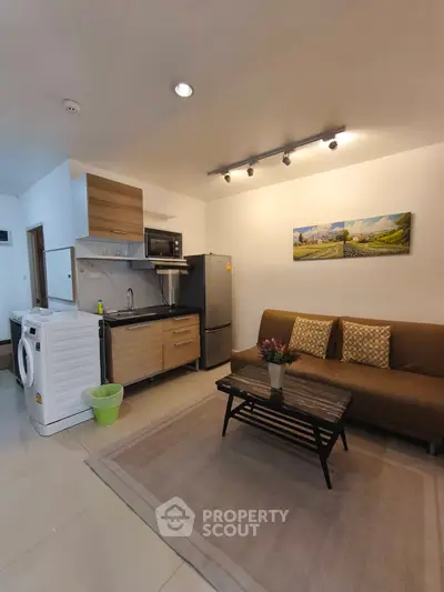 Modern open-layout living room with kitchen, featuring a cozy sofa, washing machine, and stylish decor.