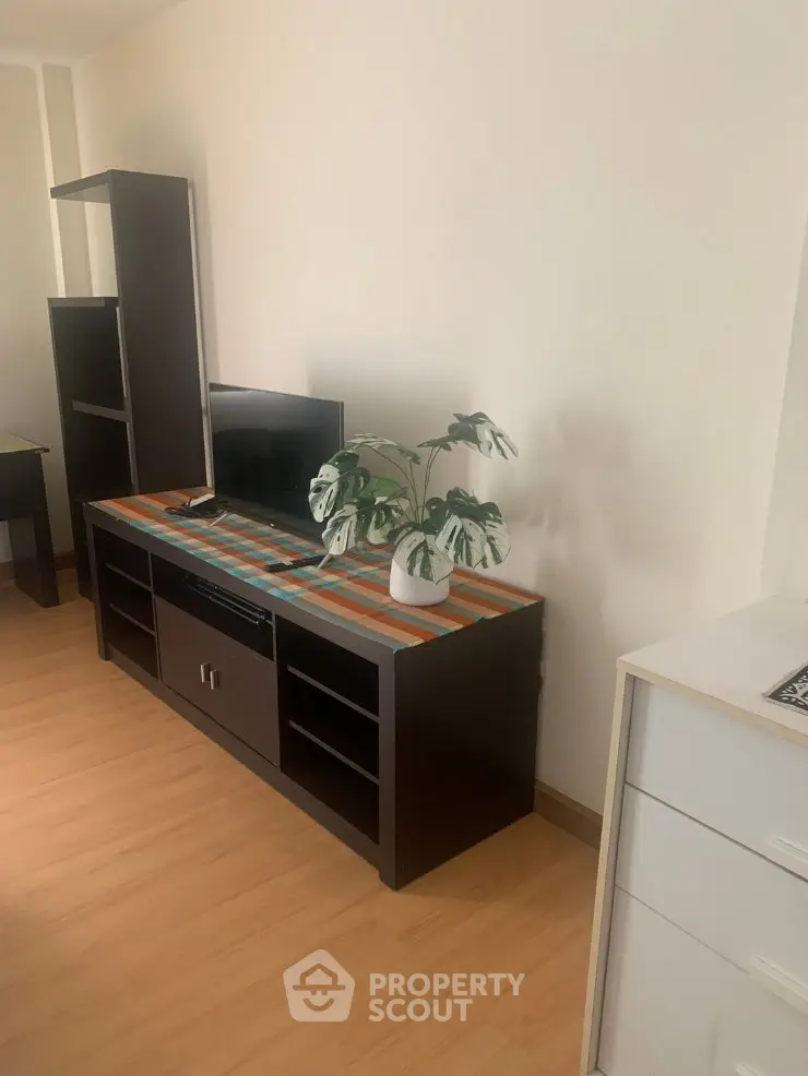 Cozy living room with modern TV stand and indoor plant, perfect for relaxation.