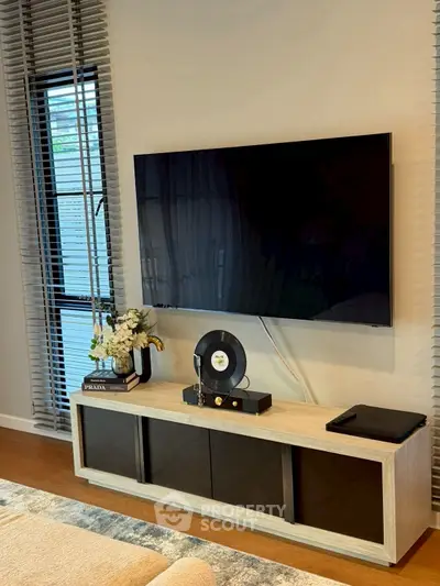 Modern living room with sleek TV setup and stylish decor