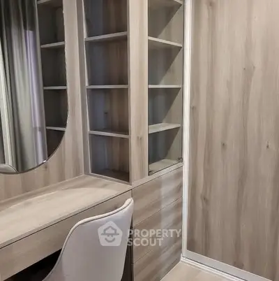 Modern study nook with built-in shelves and stylish chair