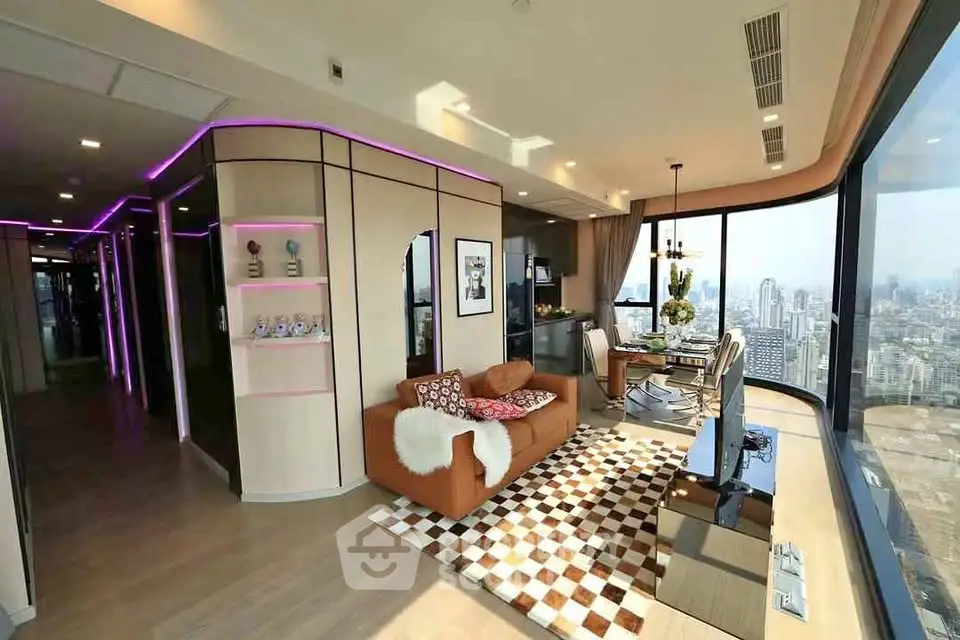 Luxurious modern living room with panoramic city views and stylish decor