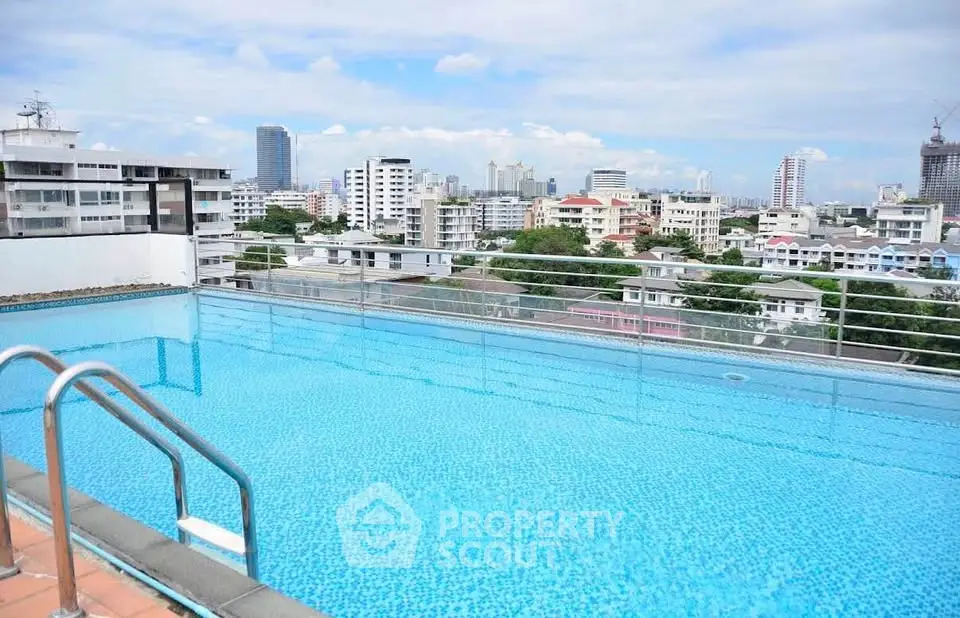 Stunning rooftop pool with panoramic city views in a modern urban setting.
