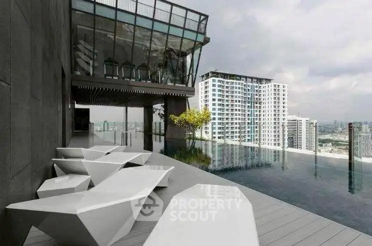 Luxurious rooftop pool with modern seating and stunning city views