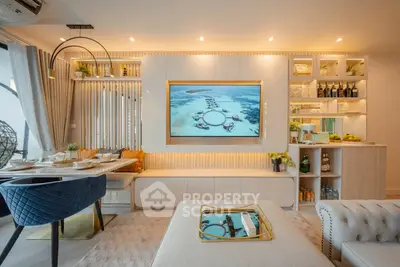 Luxurious modern living room with elegant decor and built-in shelving