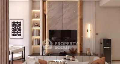 Luxurious modern living room with elegant decor and built-in shelving