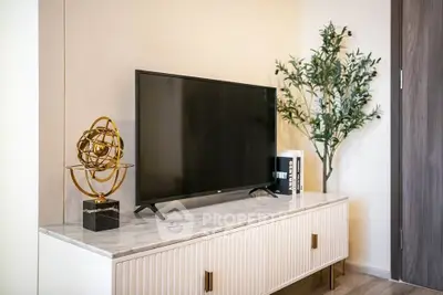 Modern living room with stylish TV stand and decorative elements