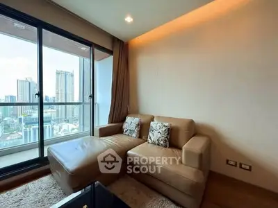 Modern living room with city view and cozy sofa in high-rise apartment