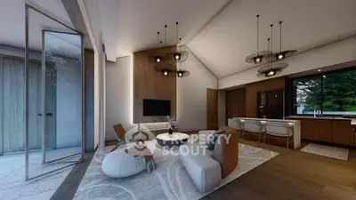 Luxurious open-plan living room with modern kitchen and stylish decor