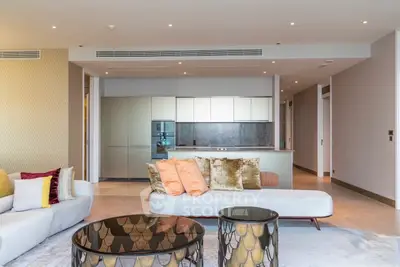 Luxurious open-plan living room with modern kitchen and stylish decor