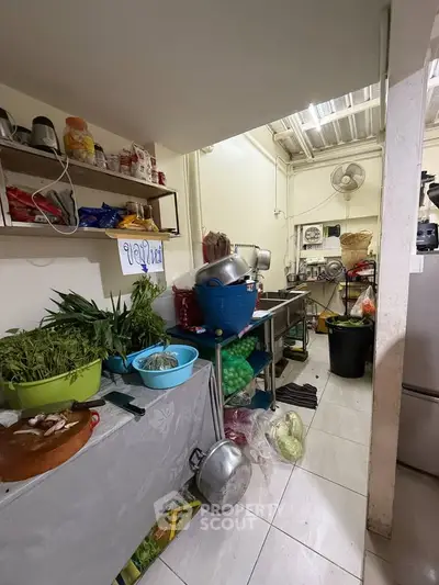 Compact kitchen with open layout, featuring shelves, fresh produce, and stainless steel appliances.