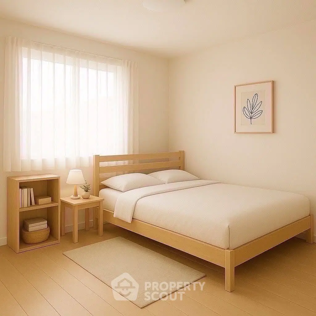 Cozy minimalist bedroom with natural light and wooden furniture