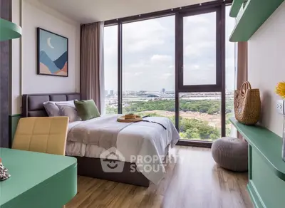 Modern bedroom with stunning city view and stylish decor