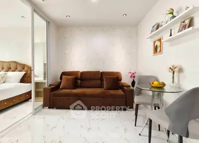 Modern living room with elegant decor and cozy seating area