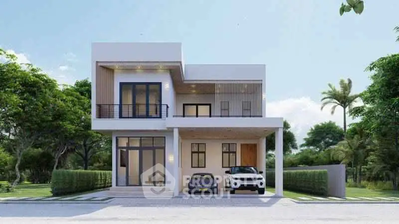 Modern two-story house with sleek design and spacious driveway