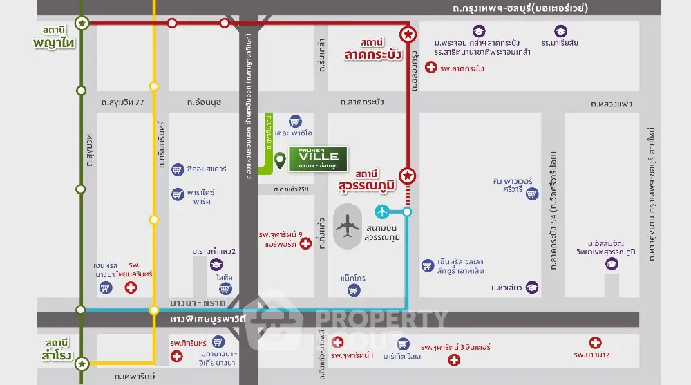 Map showing Ville project location near Suvarnabhumi Airport with transport links.
