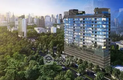 Stunning modern high-rise building with city skyline view and lush greenery.