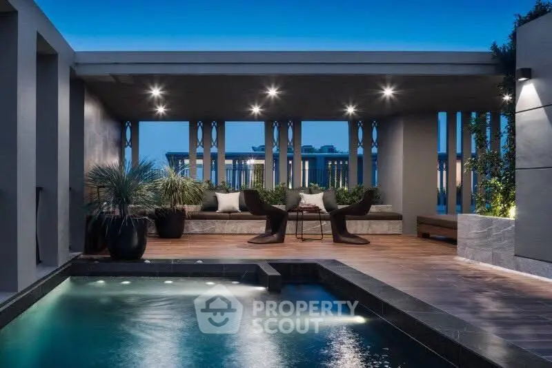 Luxurious rooftop terrace with modern pool and stylish seating area at dusk.
