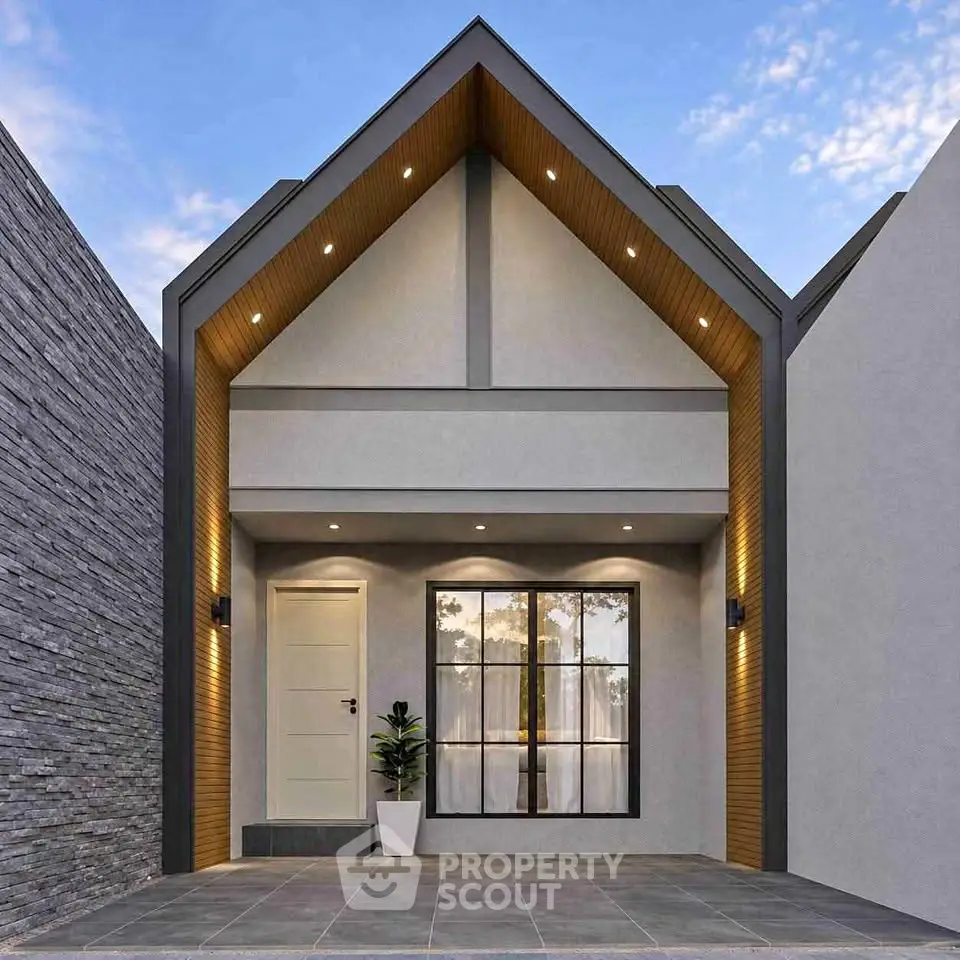 Modern minimalist house facade with sleek design and elegant lighting