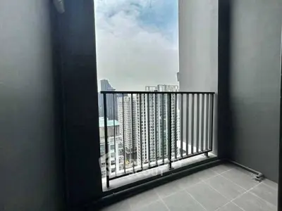 Modern high-rise balcony with stunning city skyline view