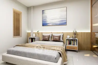 Modern bedroom with stylish decor and cozy ambiance