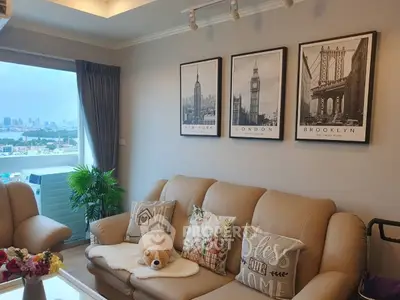 Cozy living room with city view and stylish decor