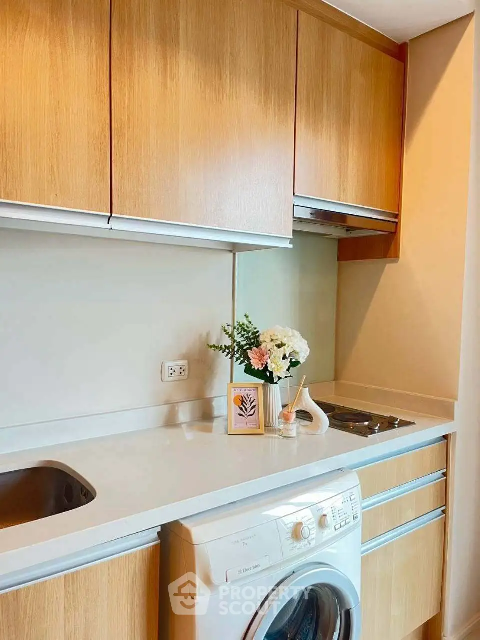 Modern kitchen with sleek cabinetry and built-in washing machine
