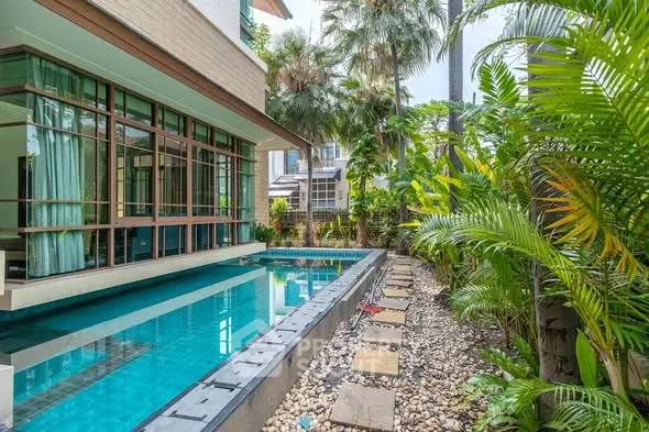 Luxurious modern home with private pool and lush garden, perfect for relaxation and entertaining.
