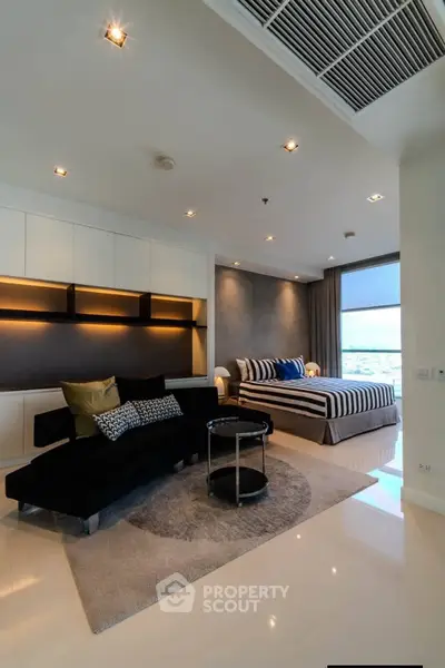 Luxurious modern bedroom with stylish decor and stunning city view