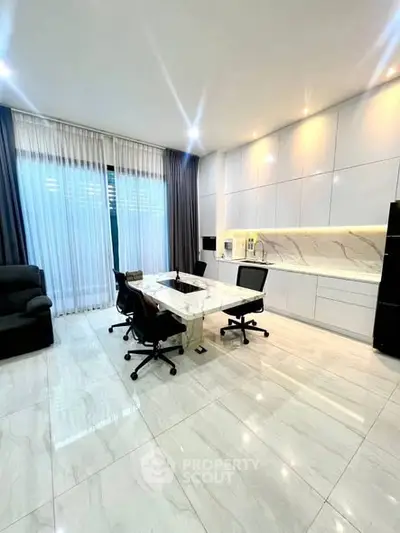Luxurious modern office space with marble flooring and sleek furniture