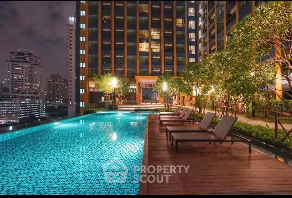 Luxurious rooftop pool with city skyline view at night, perfect for relaxation and entertainment.