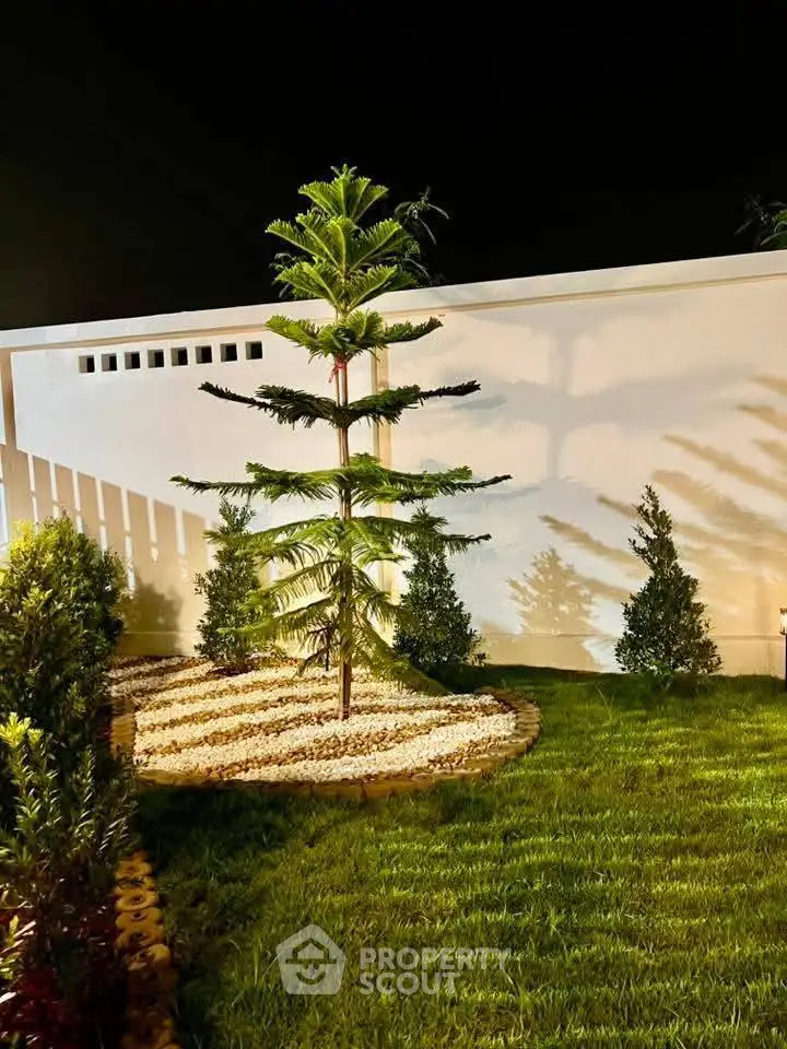 Beautifully landscaped garden with lush greenery and elegant tree at night.