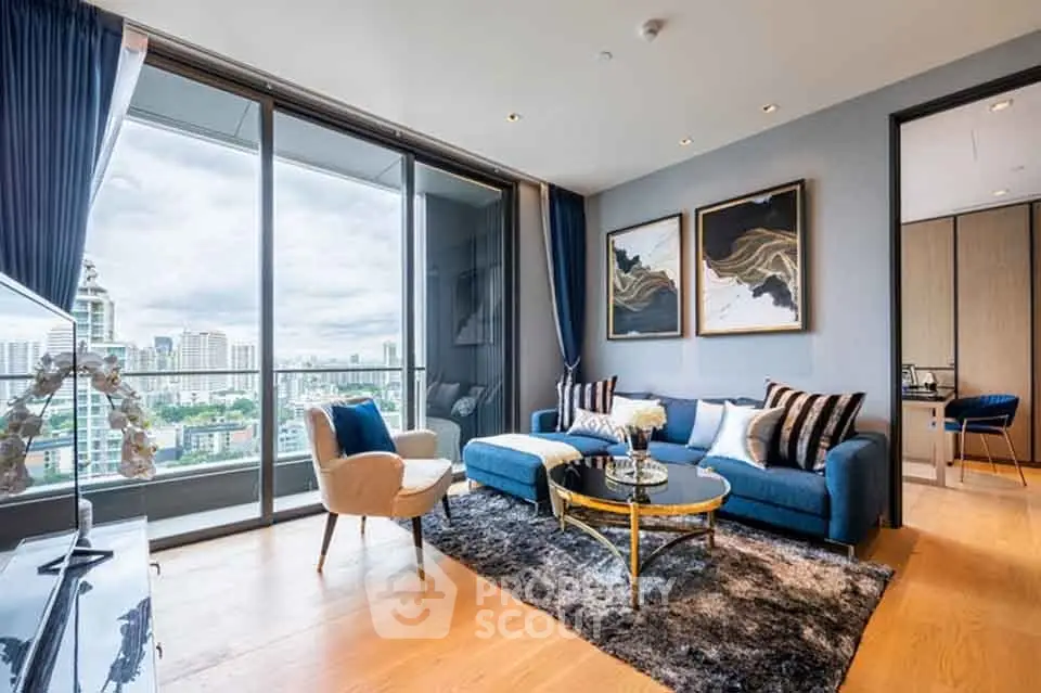 Luxurious living room with stunning city view and elegant decor