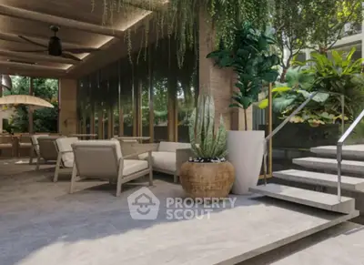 Luxurious outdoor patio with modern seating and lush greenery, perfect for relaxation and entertaining.