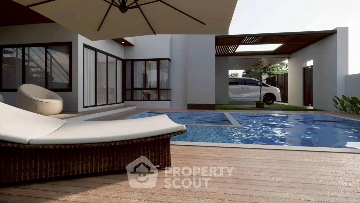 Luxurious modern home with private pool and stylish outdoor seating area.