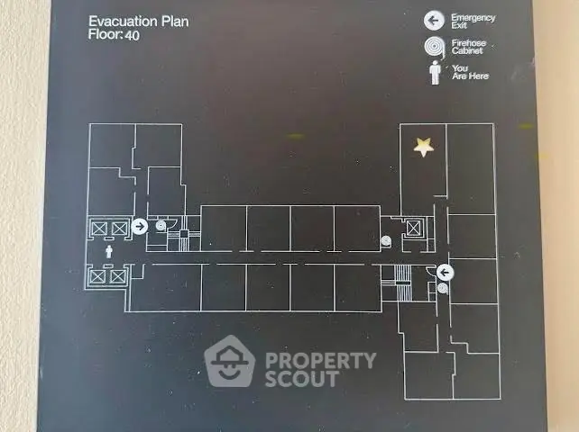 Evacuation plan for floor 40 with emergency exits and firehose cabinet marked.