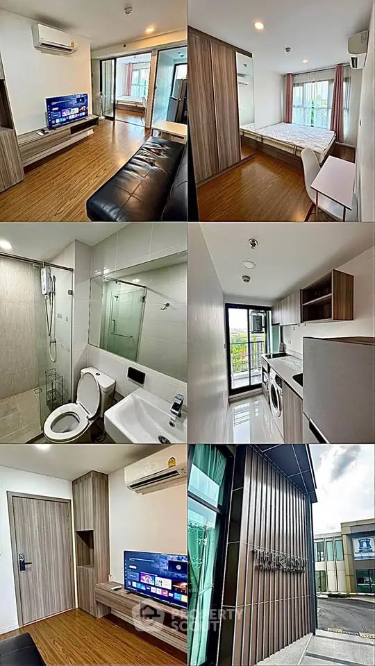 Modern apartment interior with living room, bedroom, kitchen, bathroom, and building exterior view.
