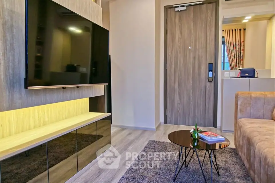 Modern living room with sleek TV setup and stylish decor