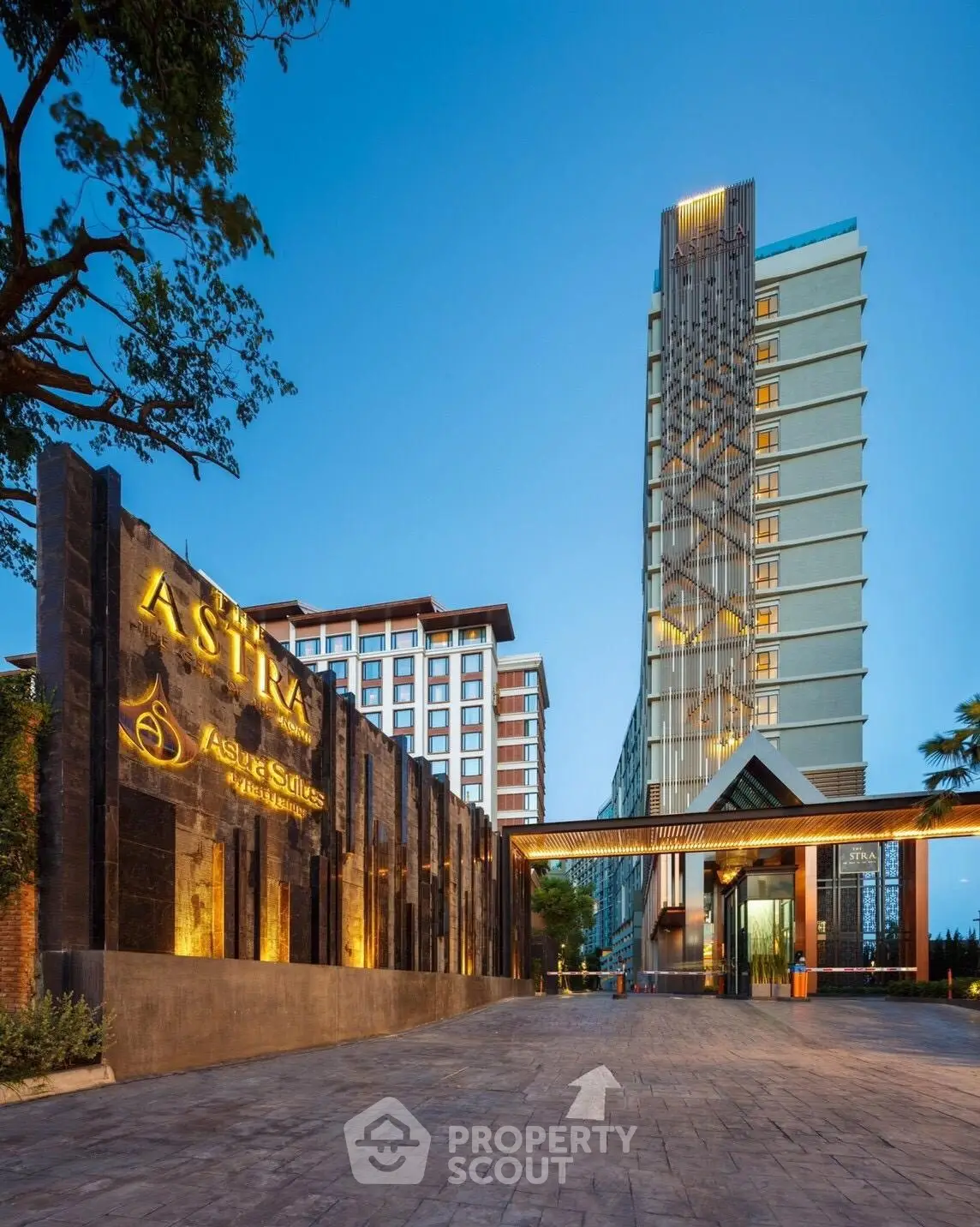 Luxurious high-rise building entrance with modern architecture and elegant design