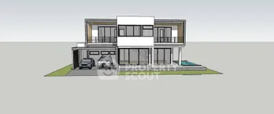 Modern two-story house digital render with garage and pool