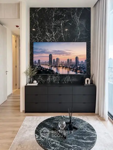 Luxurious living room with modern decor and stunning cityscape view on TV