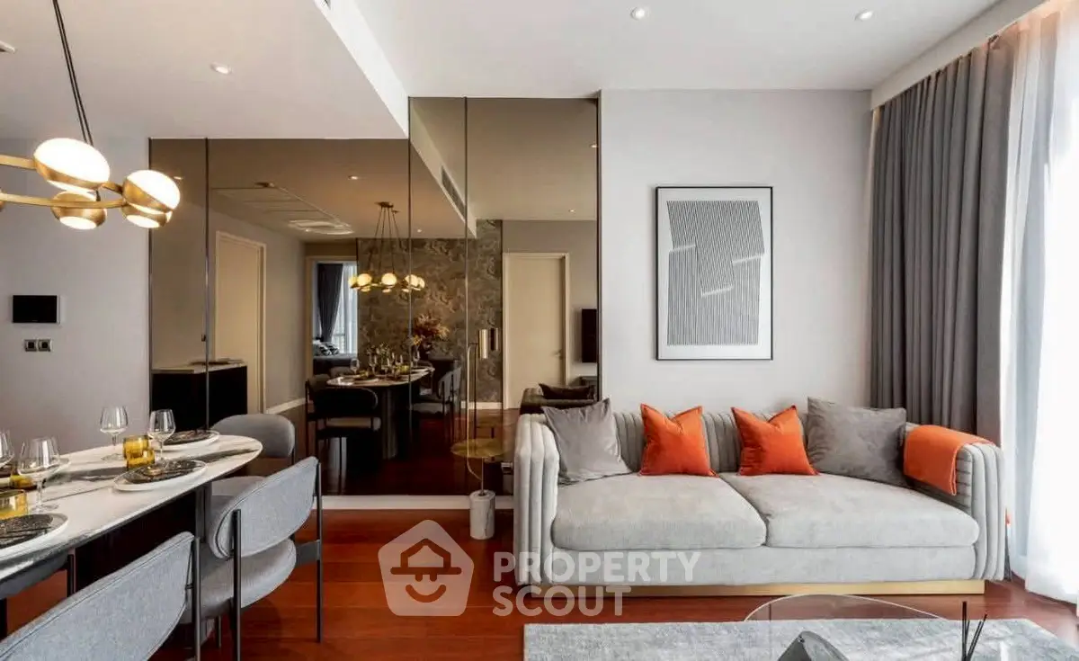 Modern living room with elegant dining area and stylish decor