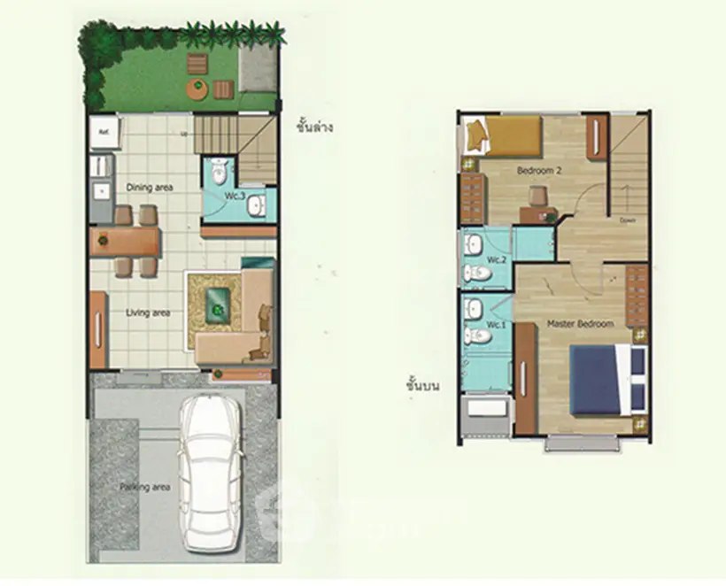 Modern two-story house floor plan with parking, living area, dining space, and bedrooms.