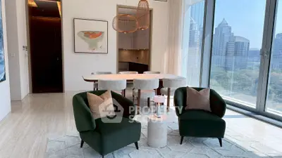 Luxurious modern living room with city view and elegant furniture