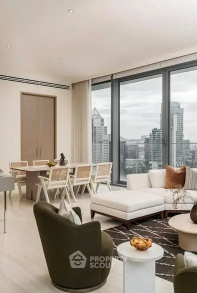 Luxurious modern living room with stunning city view and elegant furnishings.