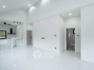 Spacious modern living room with high ceilings and open kitchen layout