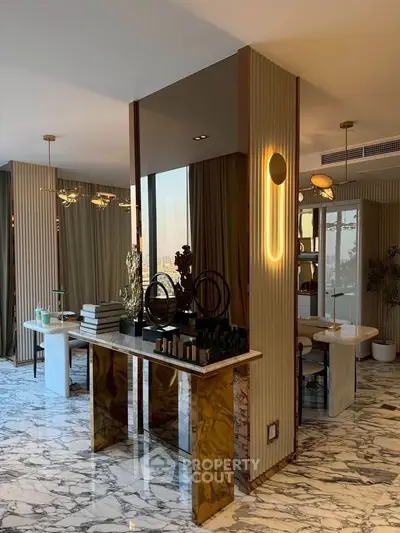 Luxurious modern living room with marble flooring and elegant decor