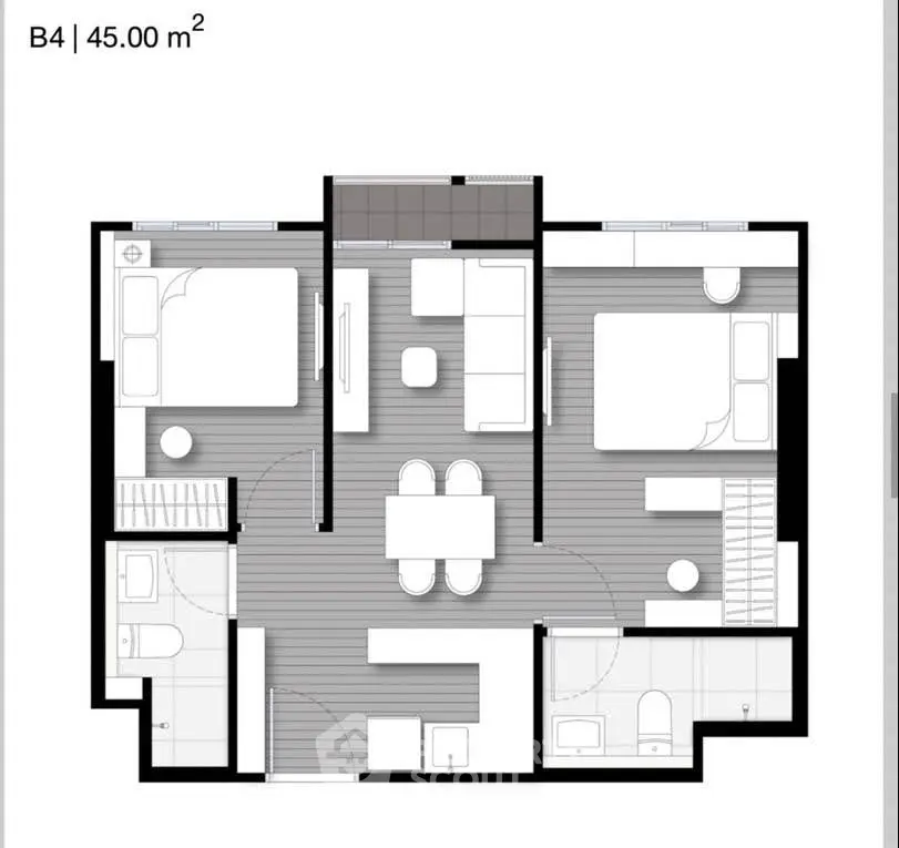 Modern apartment floor plan with two bedrooms and open living area, 45 square meters.